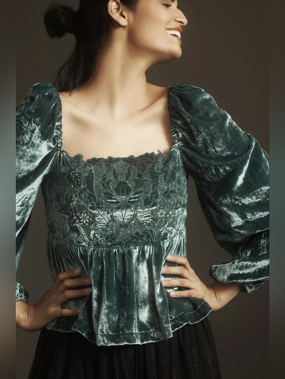 New Anthropologie Green Velvet Embroidered Puff Sleeve Peplum Top